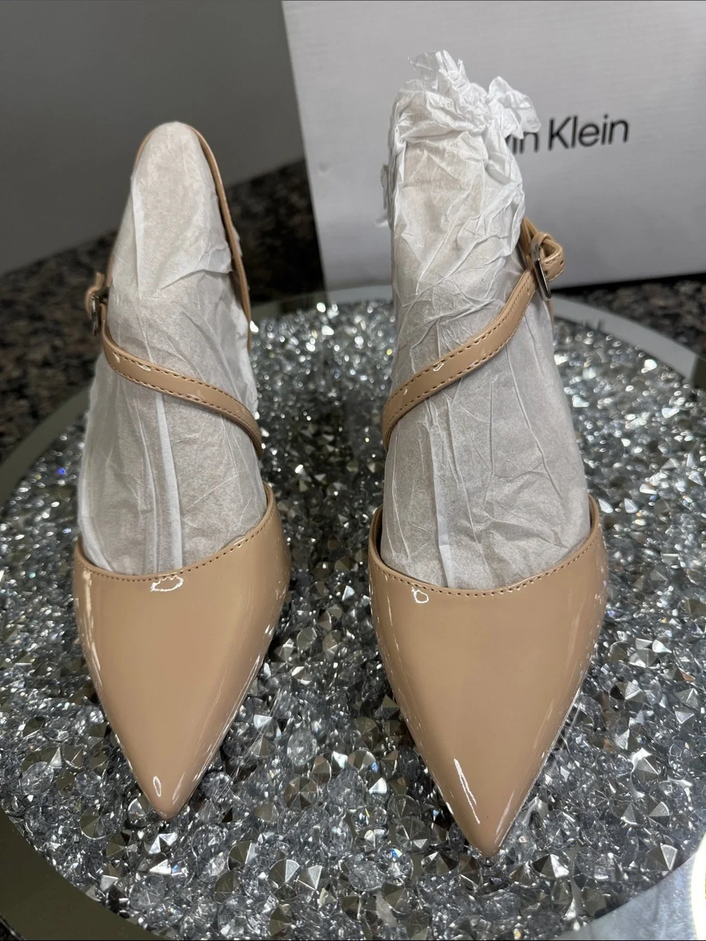Calvin Klein nude Patent Slingback kitten heel Pumps NEW 7.5